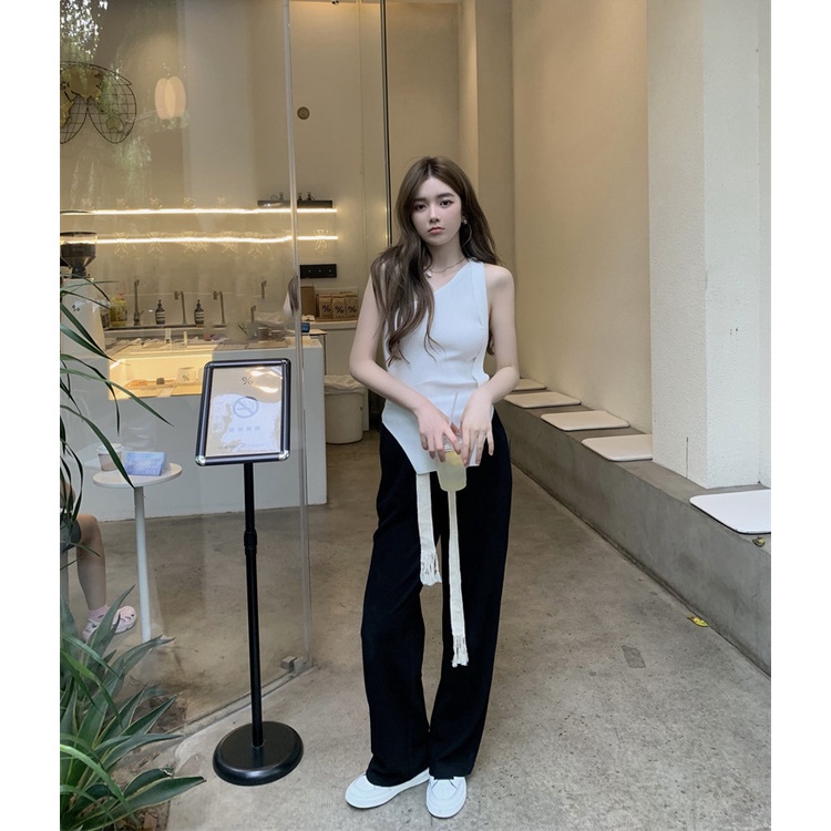 Quần Dài Thể Thao Lưng Thun Ống Rộng Rãi Màu Đen Thời Trang Hàn Quốc Sành Điệu Cho Nữ