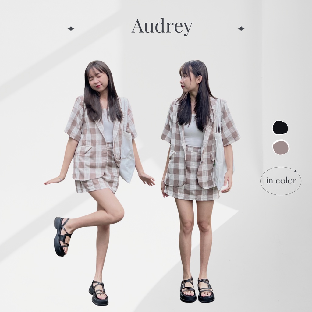 S3301 Set đồ nữ AUDREY áo vest caro hai lớp ngắn tay có độn vai kèm chân váy có quần trong