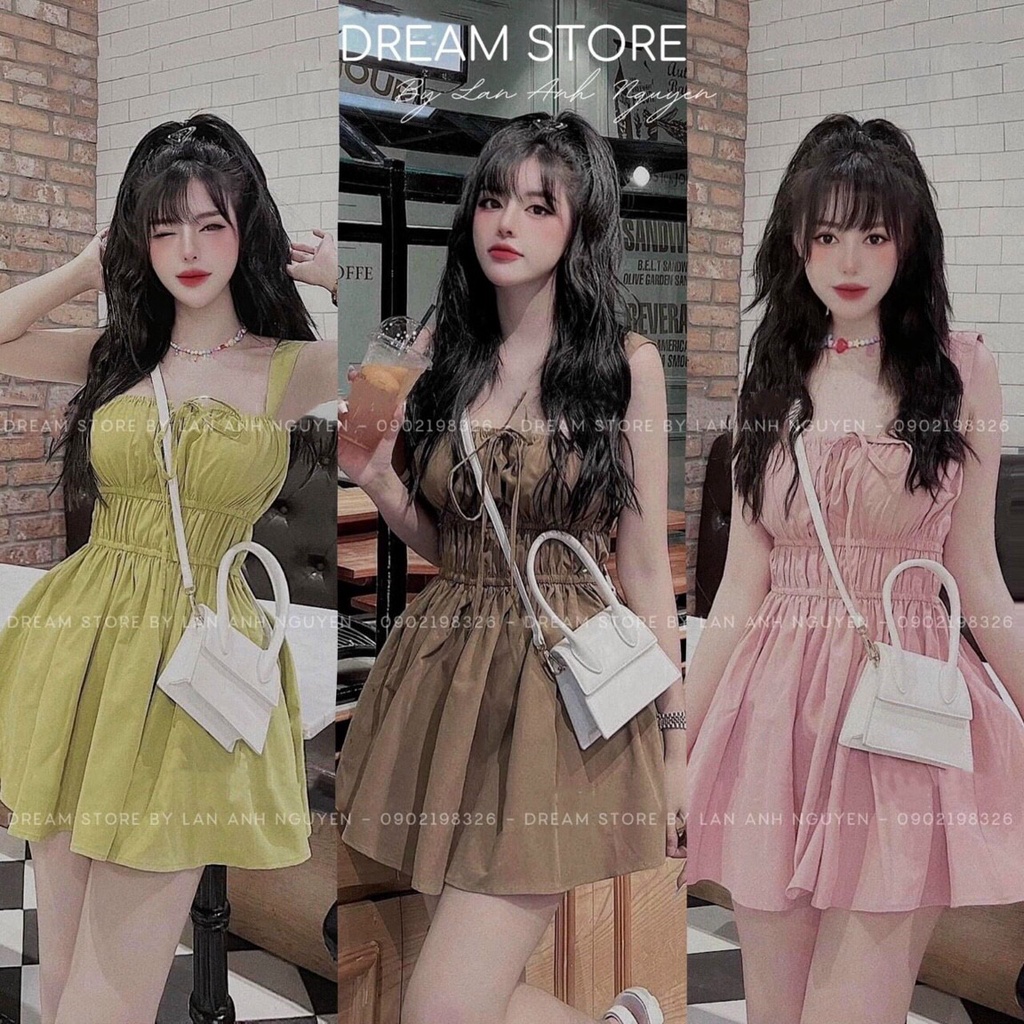 [8.8 Sales Freeship] Đầm 2 dây nhún ngực cột nơ, đầm tiểu thư dáng ngắn sexy nhún ôm eo, đầm midi xòe bánh bèo