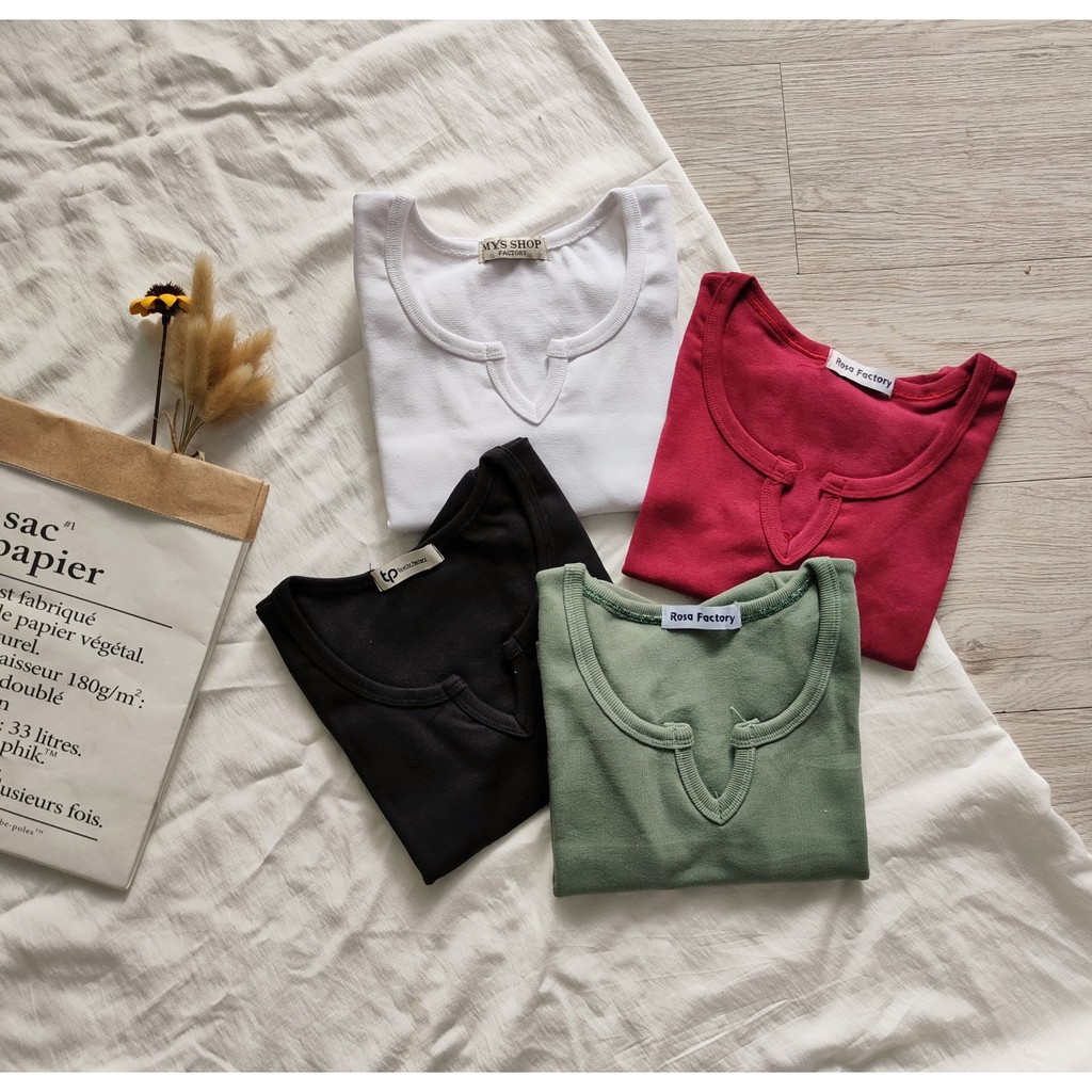 [Mã FAMAYWA giảm 10K đơn 50K] Áo croptop tay con ôm body xẻ cổ V, hình thật ảnh sàn | BigBuy360 - bigbuy360.vn