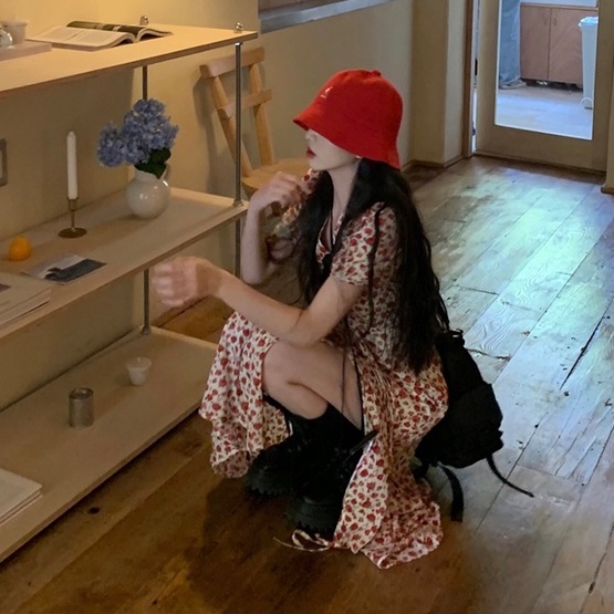 Đầm hoa ZHELIHANGFEI dáng dài cổ chữ v nhấn eo xinh xắn thời trang