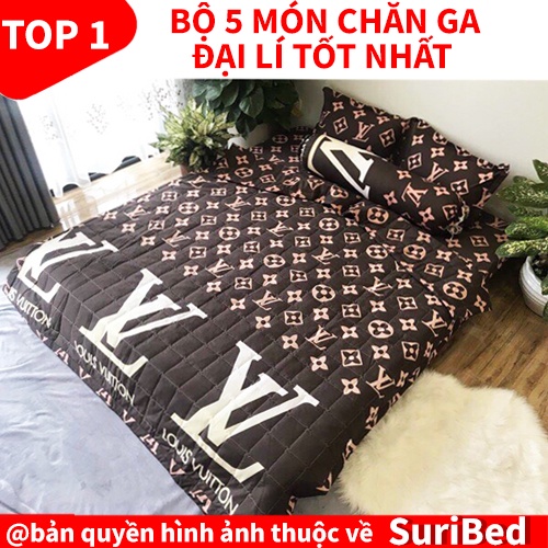 chăn ga💖FREESHIP💖bộ chăn ga 5 món họa tiết LV đen CHANGALV72 set bao gồm 1 chăn 1 ga 2 gối 1 gối ôm cao cấp