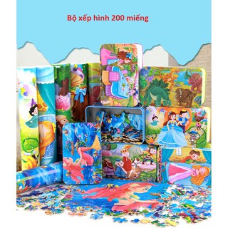 Đồ chơi ghép hình 200 miếng bằng gỗ công nghiệp có hộp sắt phát triển tư duy cho bé