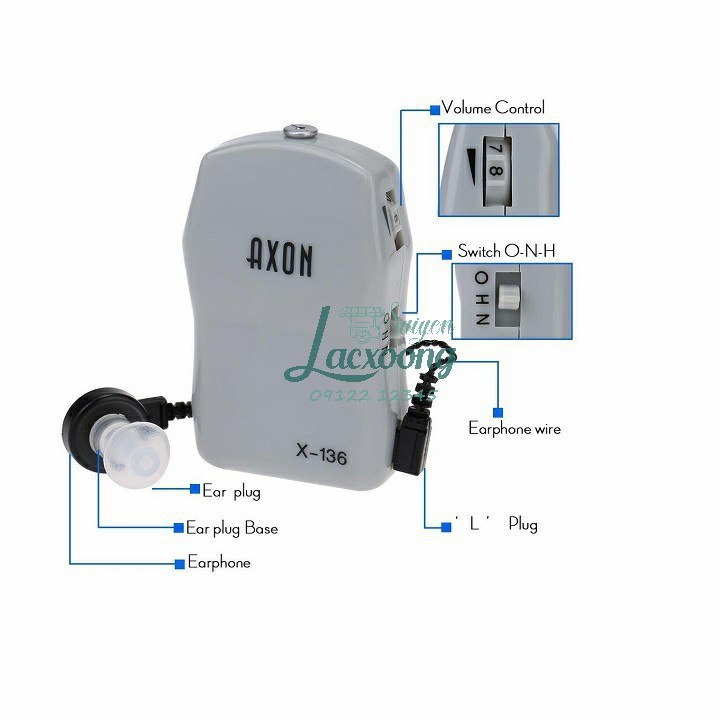 Máy trợ thính có dây nghe 1 tai Axon X136 nghe to rõ đã kèm pin