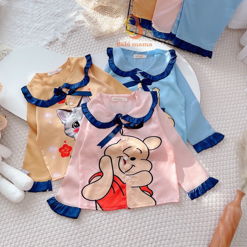 Bộ Ngủ Pijama Dài Tay Cho Bé Gái Chất Lụa Satin 3D Hoạt Hình Đáng Yêu 8-25kg Đồ Bộ Mặc Nhà - BPN10