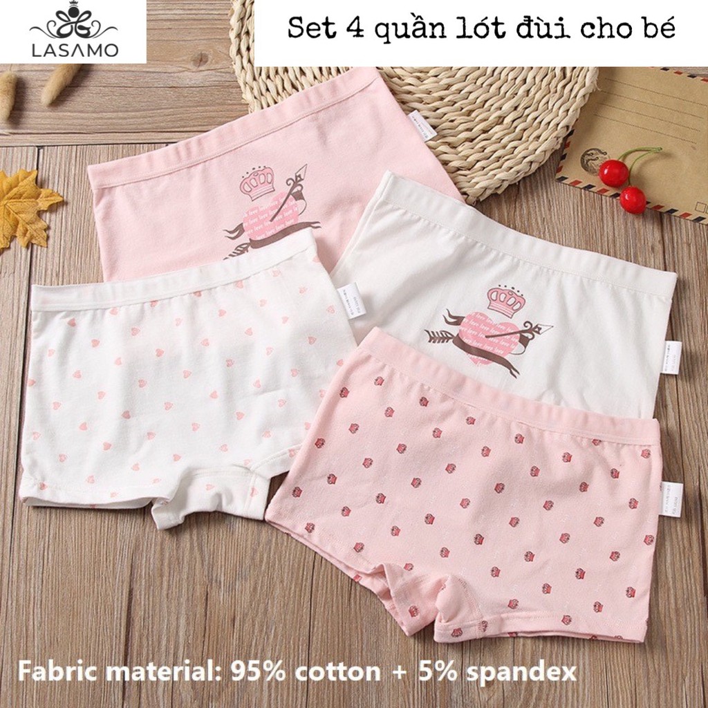 Set 4 chiếc quần chip bé gái, quần lót cho bé gái cotton cao cấp họa tiết Trái tim dễ thương hãng LASAMO mã QLB002