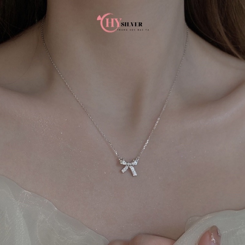 Dây chuyền bạc ta nơ đính đá nhỏ xinh nữ tính dây chuyền nữ bạc thật giá rẻ