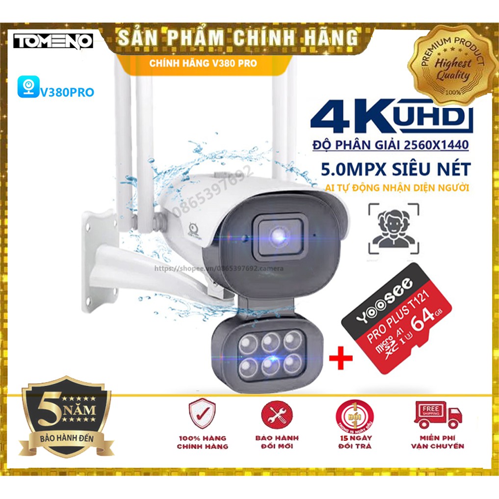 Camera wifi Camera 4 râu ngoài trời  V380Pro V008 5.0Mpx Siêu nét-Nhận diện khuôn mặt-Chống ngược sáng- Bảo hành 5 năm