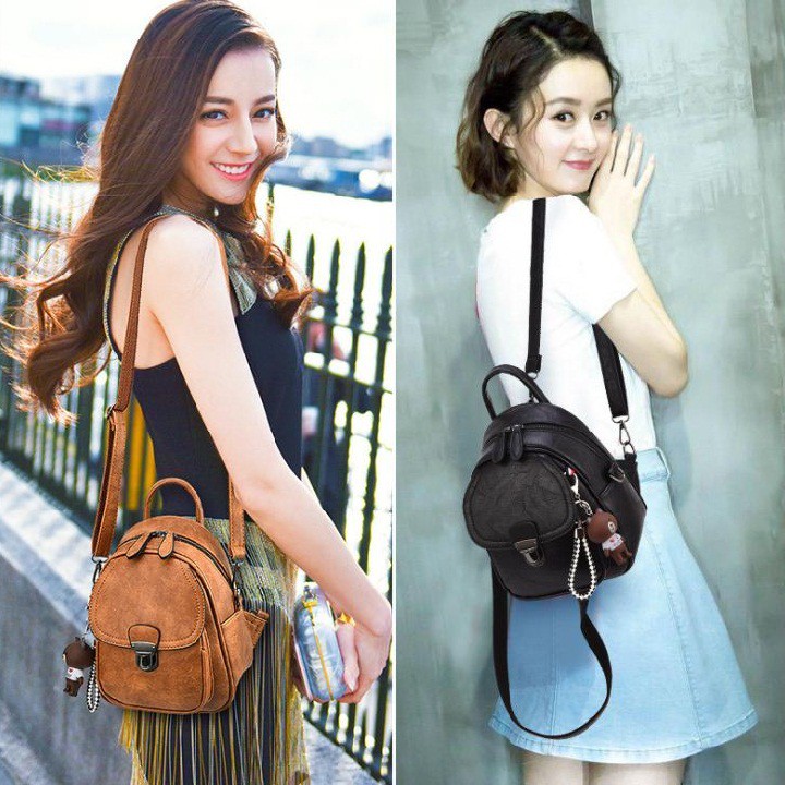 Balo mini da nữ mềm đẹp classic đeo 2 kiểu balo và túi đeo chéo, Tặng Móc Khóa