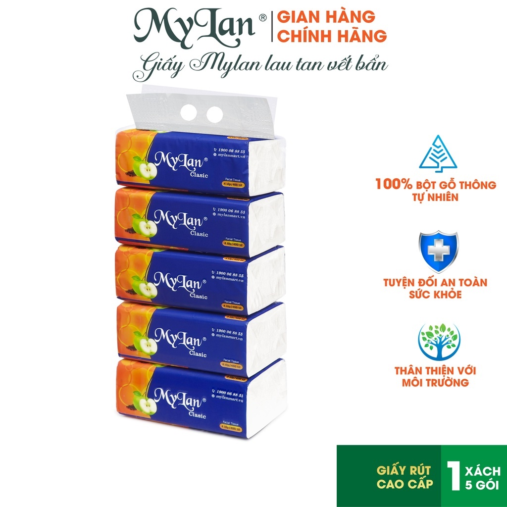 Giấy Rút Táo 4 Lớp Mylan ( 400 Tờ/Gói, 5 Gói/ Xách ) siêu dai, mềm mịn, không tan trong nước