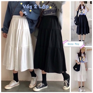 Chân Váy Tầng Xòe Dáng Dài 3 Tầng Lưng Cạp Cao Đen Trắng