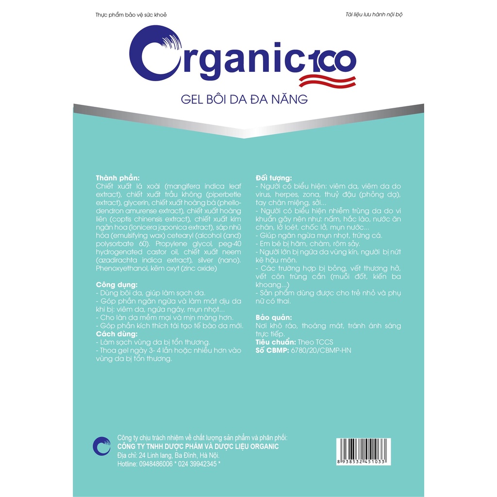 Gel bôi da đa năng Thuỷ Đậu , Hắc Lào , Viêm da, mụn nhọt... Organic100 25g