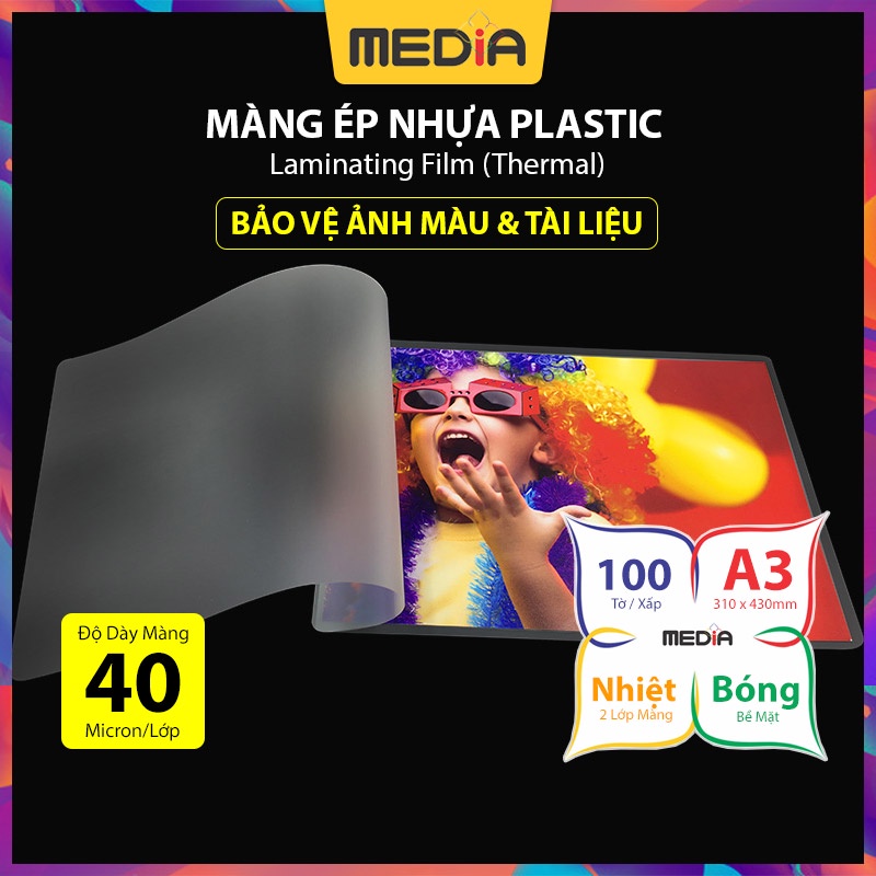 Màng Ép Plastic A3 MEDIA inkjet, Màng Ép Nhựa, Kích Thước 31 x 43cm (A3), Độ Dày 40 Micro 100 Tờ