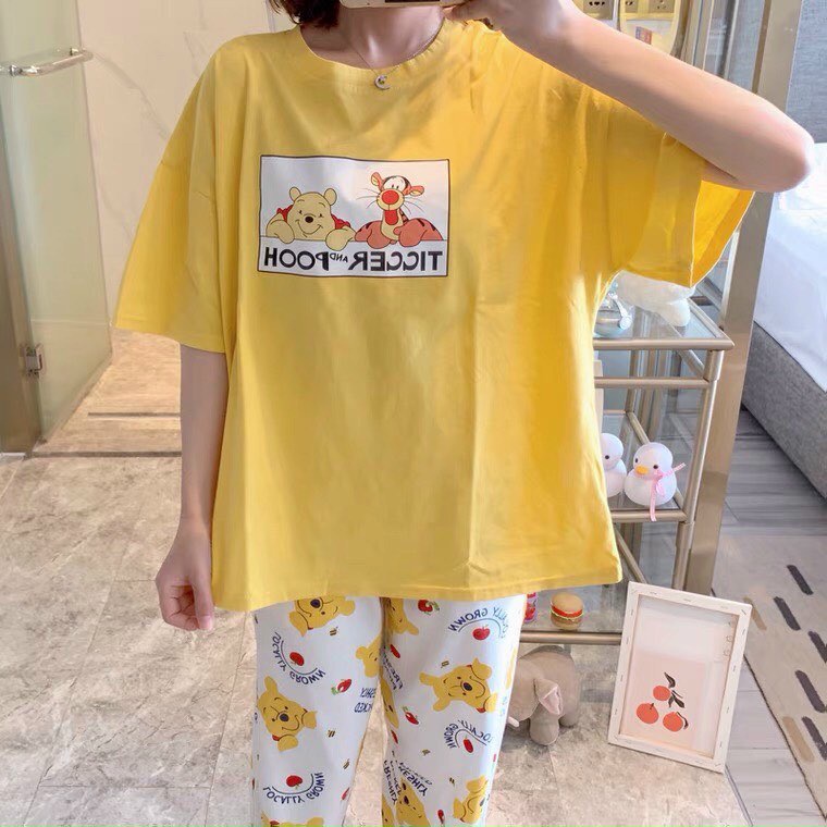 Set đồ bộ nữ thun lạnh cotton in hình 3D pooh cực dễ thương, chất thun cotton mềm mịn, thoải mái, form chuẩn