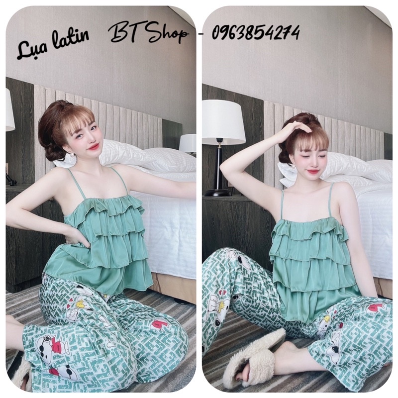 Bộ lụa latin 2 dây bèo tầng quần dài hoạ tiết dễ thương freesize từ 42-57kg