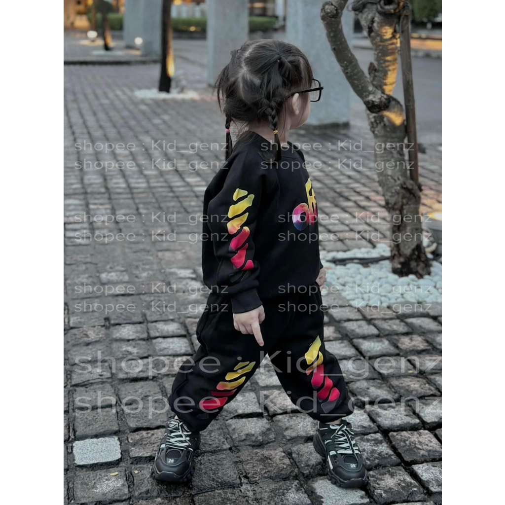 Bộ quần áo nỉ cổ tròn off while ngân hà cho bé , set sweater unisex street style , Kid_genz