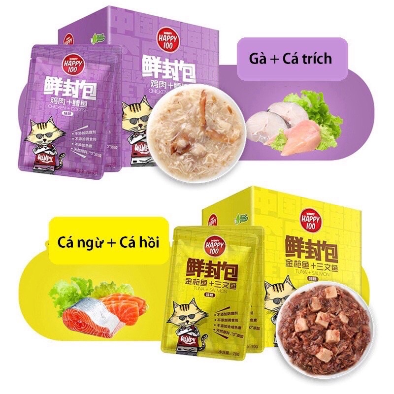 Pate Wanpy Happy 100 gói 70gr- Pate Cho Mèo Gồm 6 Vị Có Sợi Thịt Bên Trong - 100% Tự Nhiên