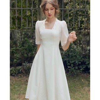 Đầm váy freesize trắng cổ nút ngọc