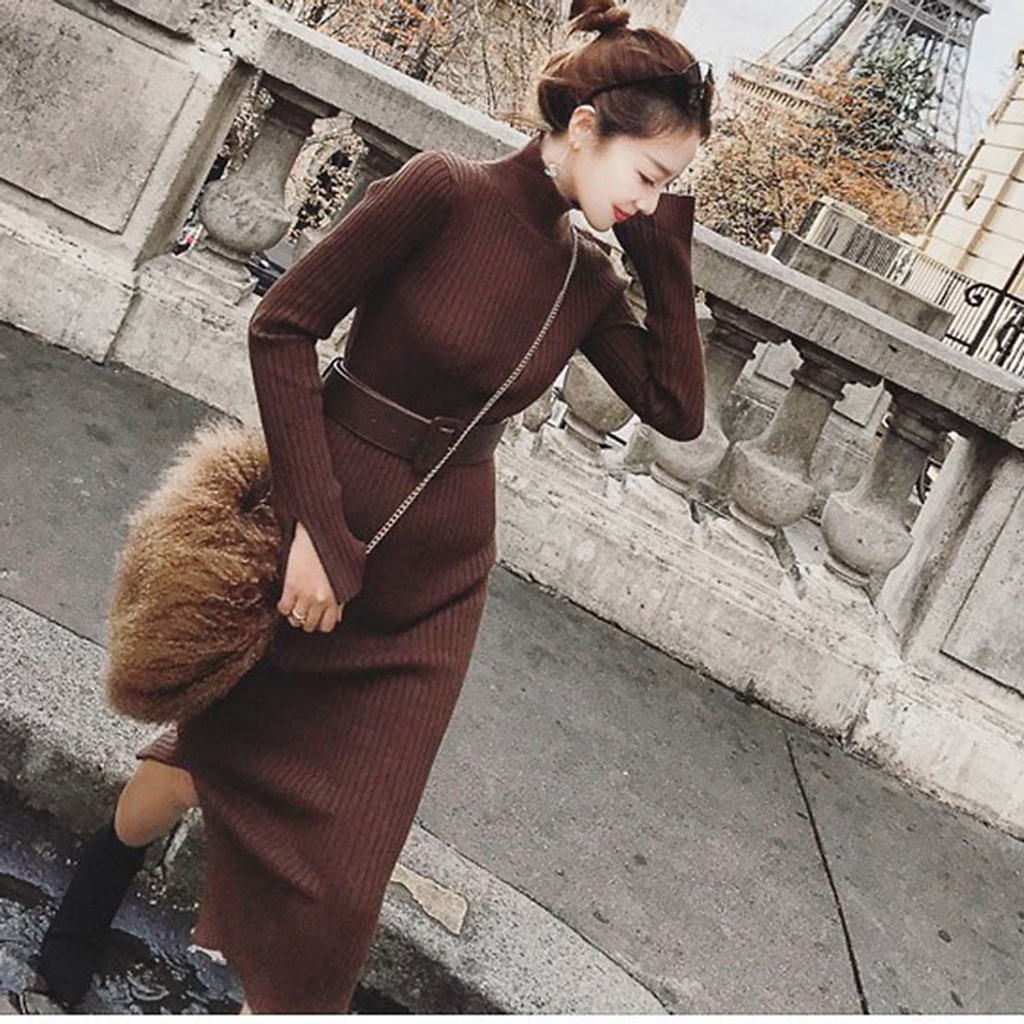(TỔNG KHO LÂM ANH CHUYÊN SỈ) Đầm suông len dáng ôm cao cổ kèm belt, thời trang phong cách Hàn