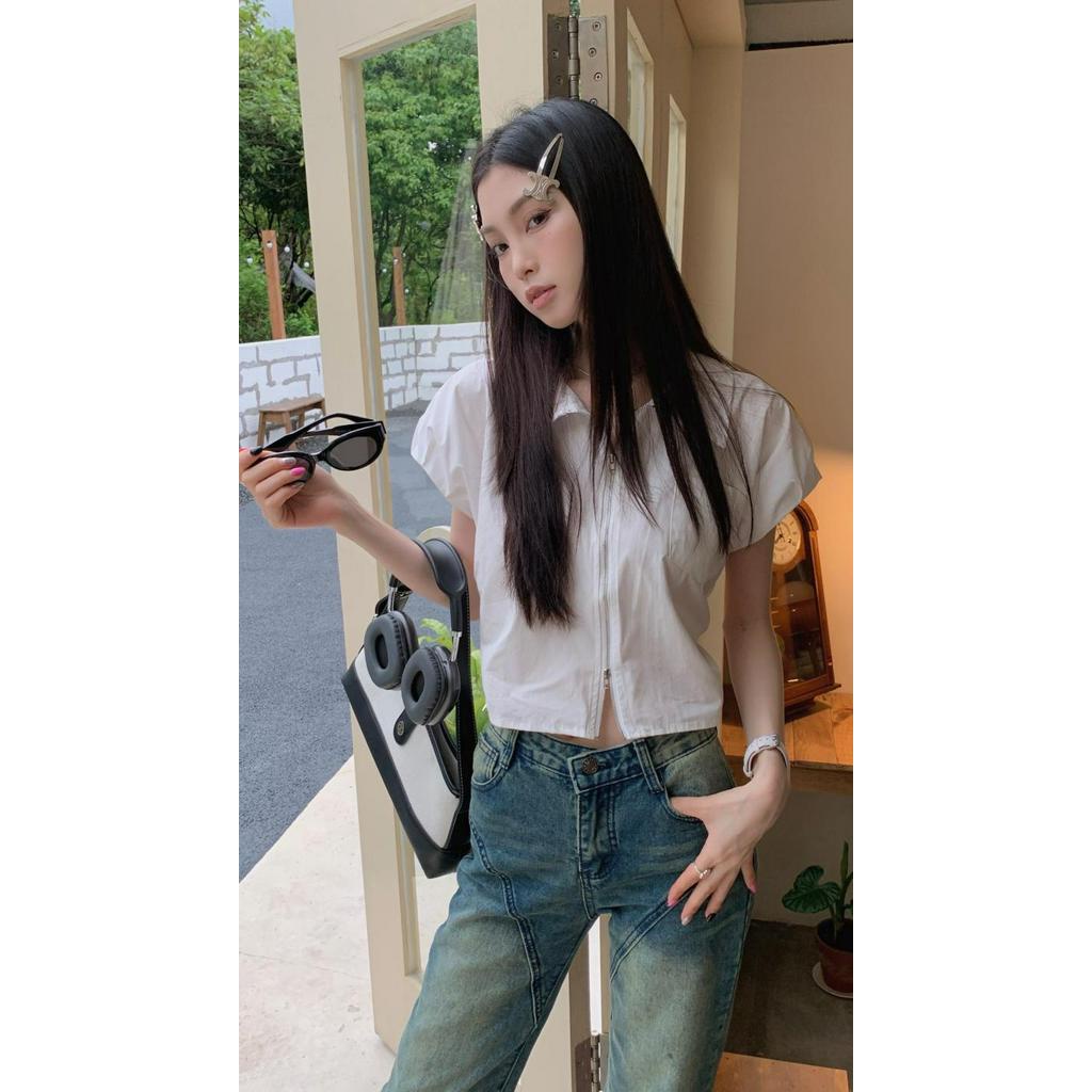 Áo Sơ Mi Cổ Mép Lật Ngắn Tay Phối Khóa Kéo Đôi Thời Trang Hàn Quốc 63423