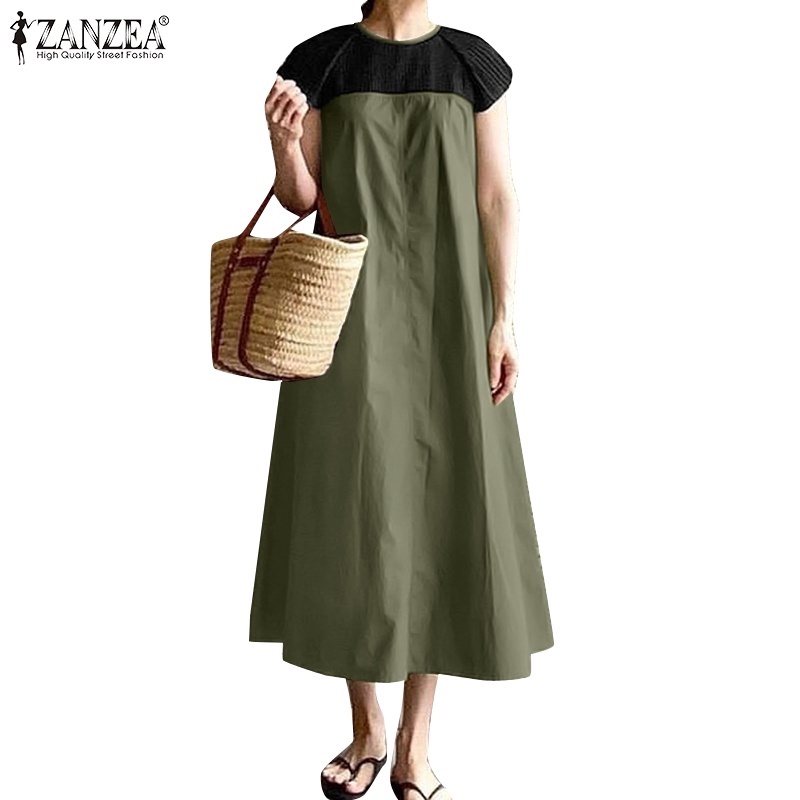 Đầm dài ZANZEA tay ngắn xếp ly màu tương phản phong cách Hàn Quốc thời trang cho nữ