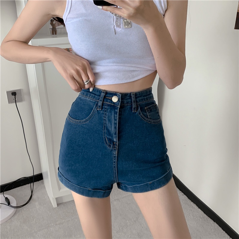 Quần Short Skinny Jean Lưng Cao Màu Sắc Trơn Siêu Co Dãn