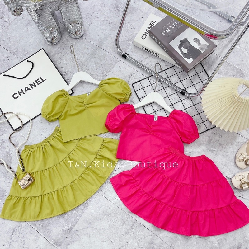 Set áo crop top cv tầng cho bé gái 15-28kg