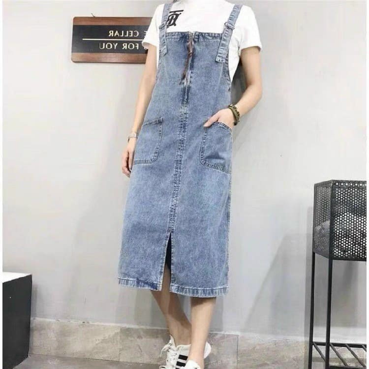 Yếm váy jeans dáng dài thời trang Ulzzang.Yếm váy khóa trước phối 2 túi cao cấp cá tính phong cách Hàn trẻ trung .