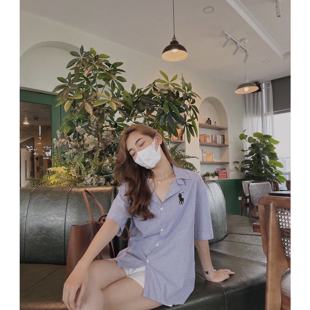Áo sơ mi kẻ sọc thêu logo ngựa ngắn tay