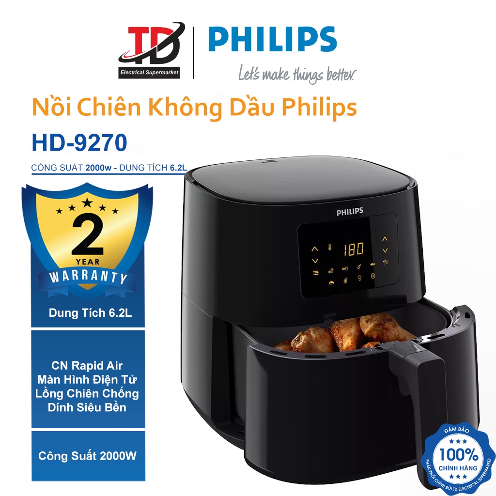 [Mã ELHAMS5 giảm 6% đơn 300K] Nồi Chiên Không Dầu Philips HD9270 - 6.2Lit/2000W - Bảo Hành Chính Hãng 2 Năm