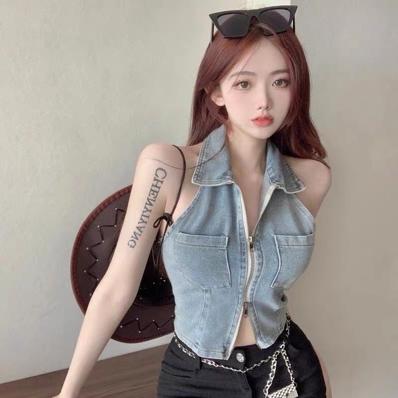ÁO CROPTOP DENIM PHỐI DÂY KÉO SEXY