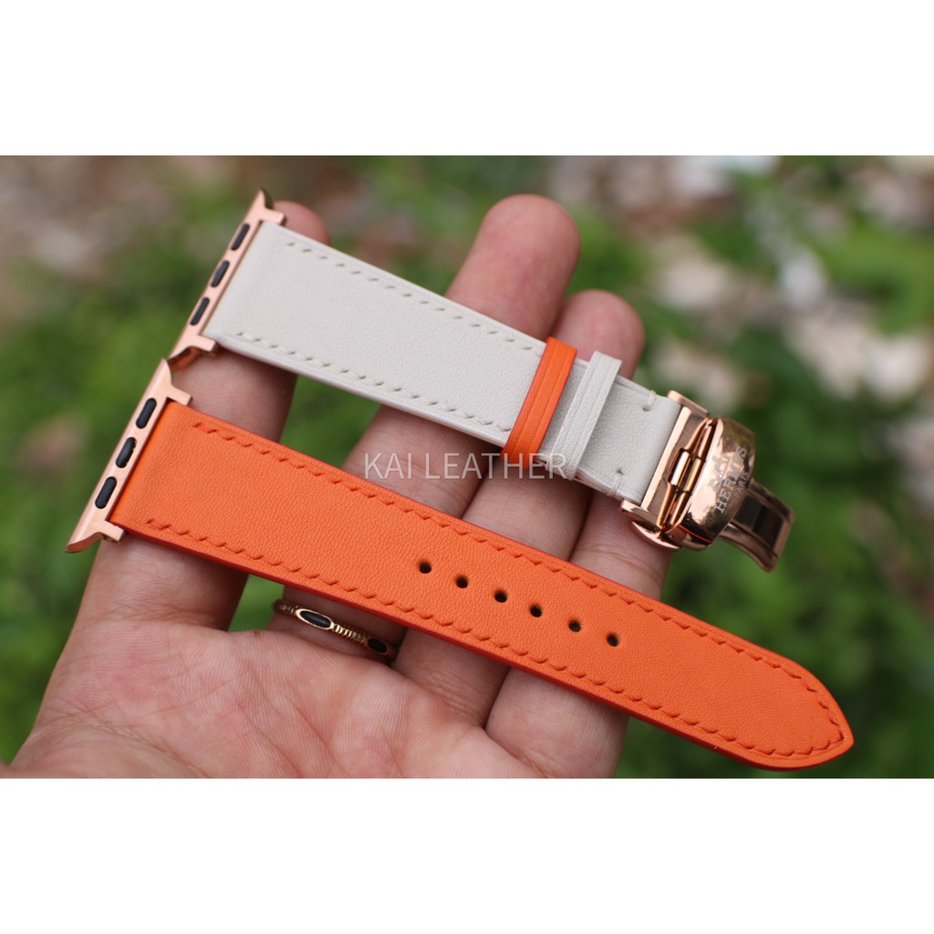 Dây da đồng hồ Apple watch, chất liệu da Swift Pháp - Trắng phối cam - Khâu tay thủ công - Bảo hành 12 tháng