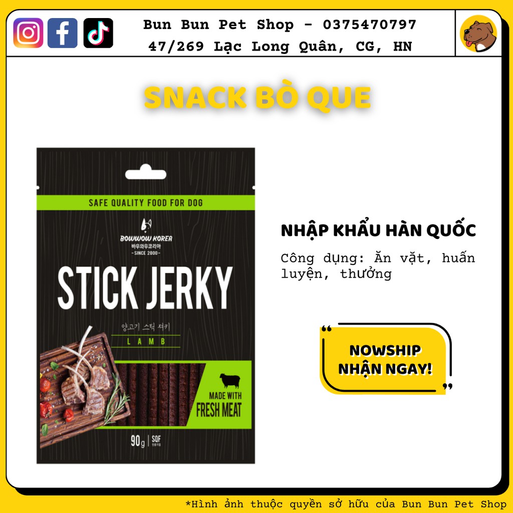 Snack bánh thưởng cho chó mèo thịt Cừu Que Hàn Quốc Stick Jerky Lamb Meat 90g