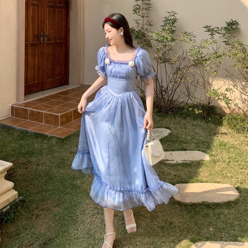 French retro blue dress, minority design, back bow, waist closing, court style first love dress, retro and gentle