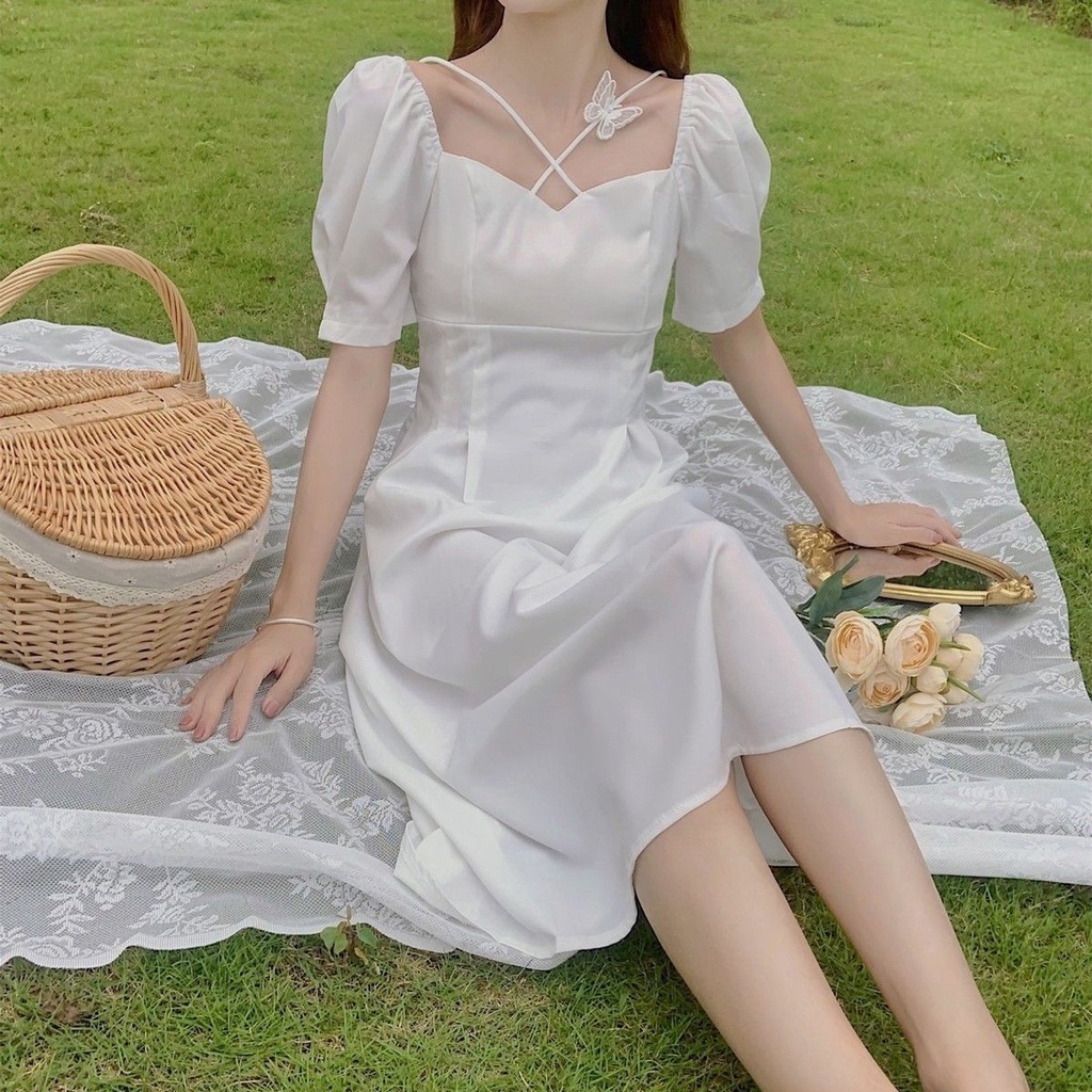 Đầm Trắng Mỏng Cổ Vuông Kiểu Pháp Mới Đầm Chữ A Tay Phồng Quyến Rũ Thời Trang Hàn Quốc