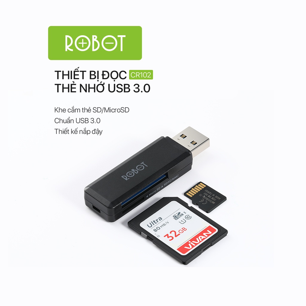 Thiết Bị Đọc Thẻ Nhớ ROBOT CR102 USB 3.0 Khe Cắm Thẻ Nhớ SD Micro SD Hàng Chính Hãng Bảo Hành 12 Tháng 1 Đổi 1