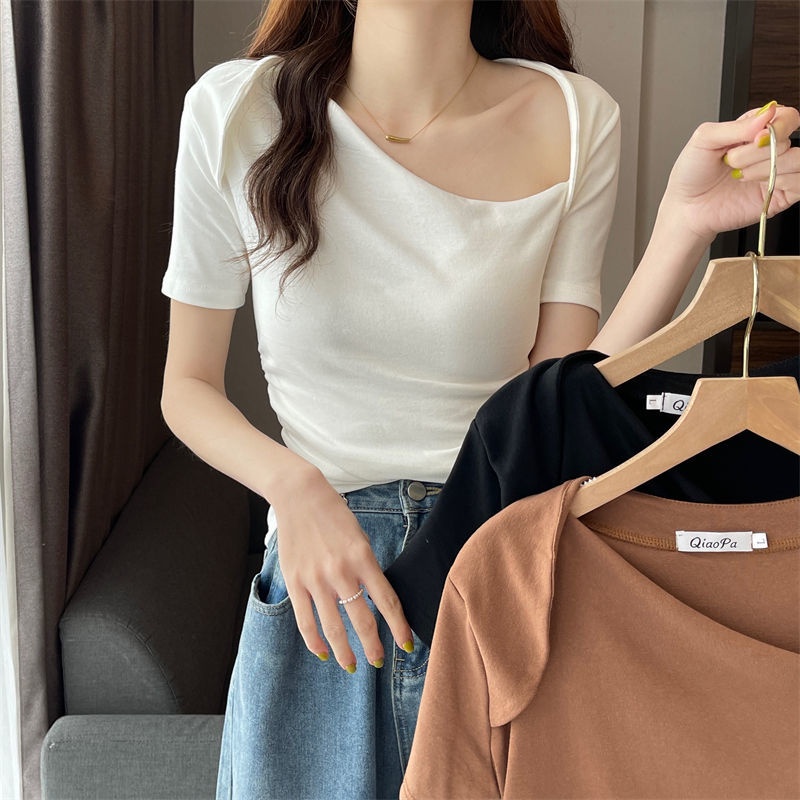 Áo Thun Tay Ngắn Lệch Vai Dáng Ôm Màu Trơn Thiết Kế Độc Đáo Thời Trang