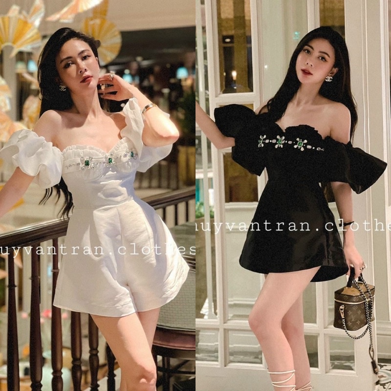 Jumpsuit dự tiệc tay bồng/phồng có mút ngực đính cườm cao cấp, jump ngắn tafta trắng đen sang trọng quyến rũ đi chơi