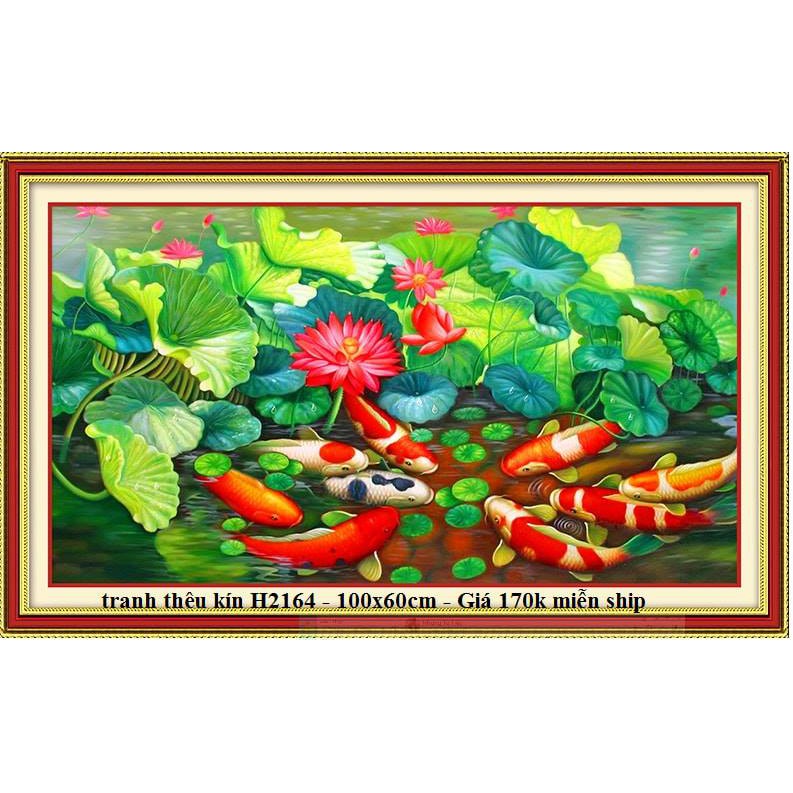 tranh thêu chữ thập cá chép hoa sen cửu ngư quần hội kt 100x60cm