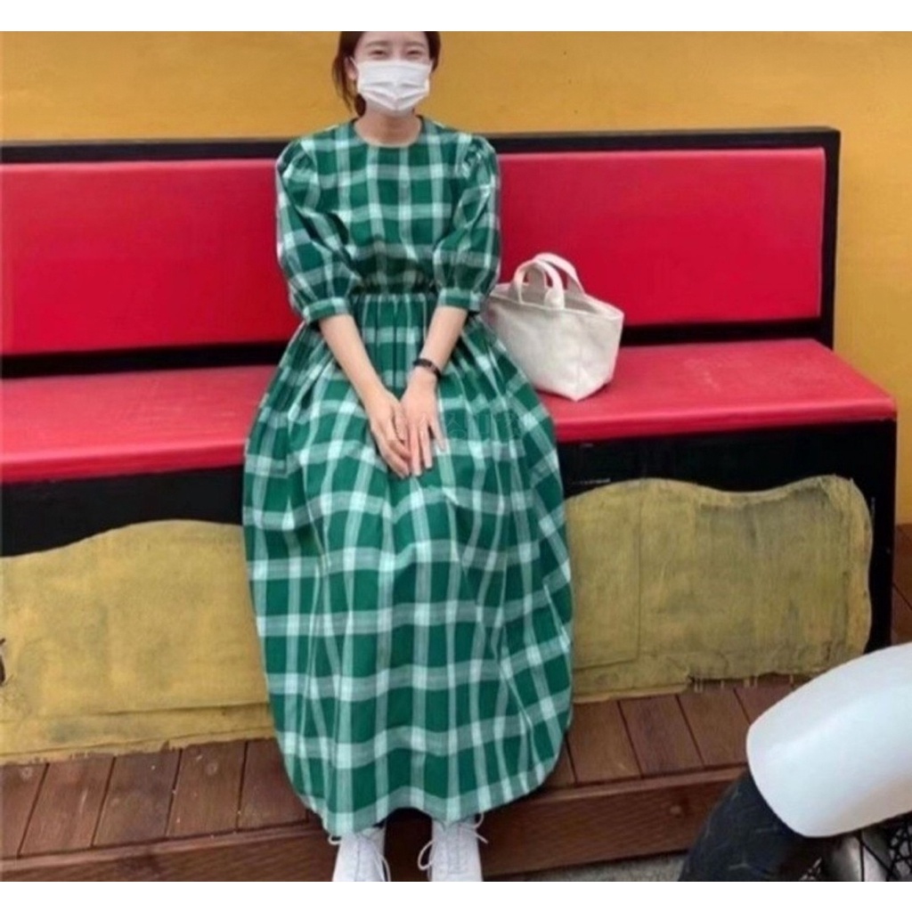 Váy kẻ caro tay phồng dáng dài phong cách Hàn Quốc/ Korea Style