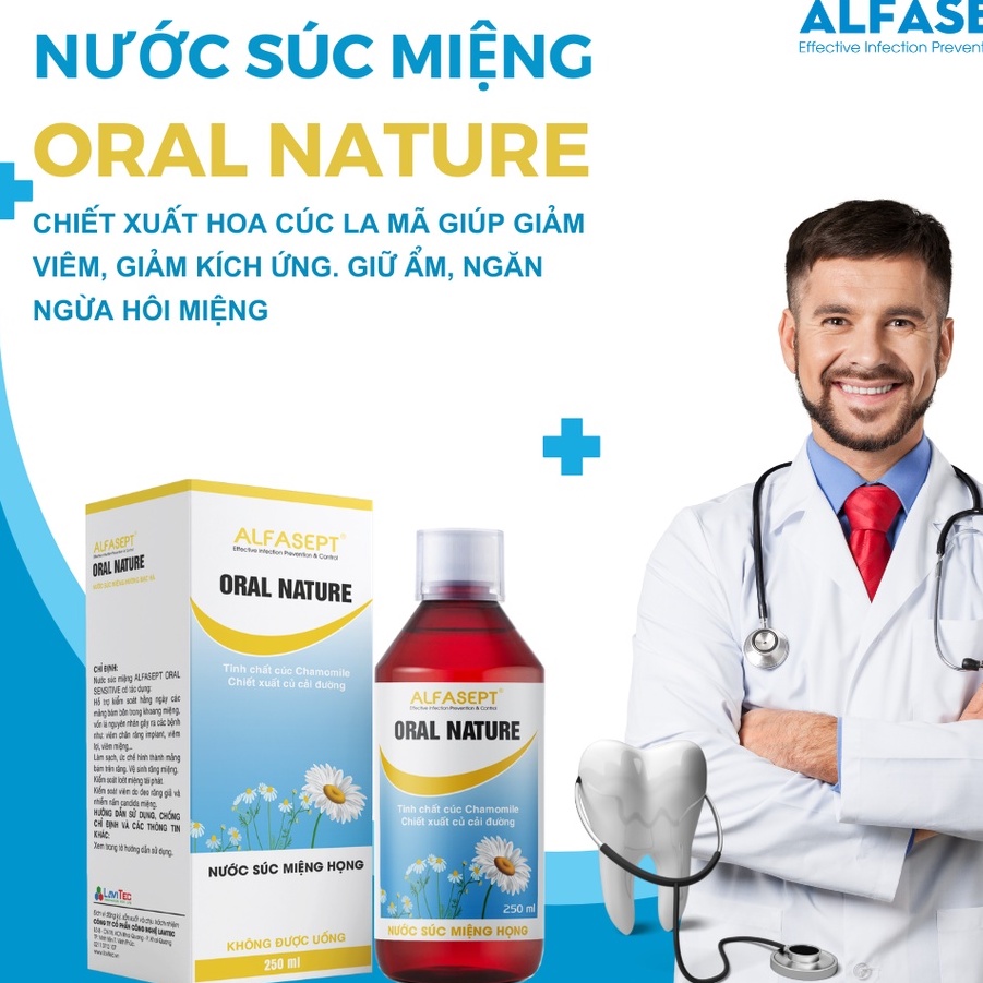 Nước súc miệng họng Alfasept Natural 250ml - Chiết xuất cúc la mã giảm khô miệng, giảm hôi miệng