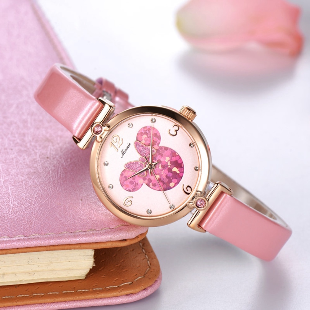 Minnie Mouse Luxury Bling Crystal Leather Quartz Đồng hồ nữ Beautiful Bow Little Disney Watch Chống nước