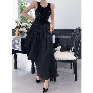(HÀNG ORDER) Đầm đen dài thân đính sequin váy voan tơ ánh nhũ lệch tà xinh đẹp (có hình thật)