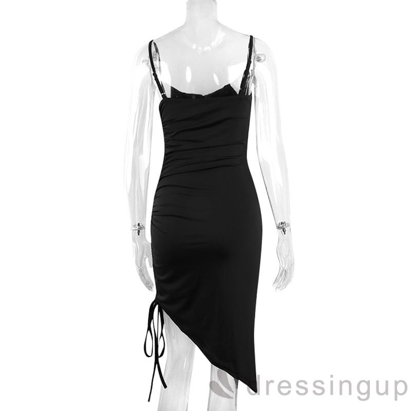 DRE-Women´s Slip Dress, Solid Color Sleeveless Drawstring Tie-Up Irregular Hem Backless Slim Dress