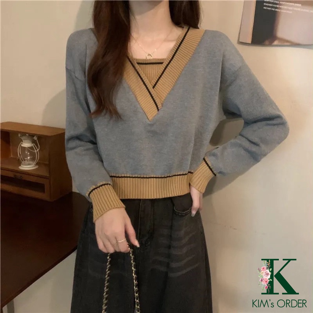 Áo Len Nữ Croptop Cổ Chữ V Màu Xanh Đen Trắng Be Xám Dài Tay Phong Cách Ulzzang Hàn Quốc Loại Đẹp Hàng Quảng Châu | WebRaoVat - webraovat.net.vn