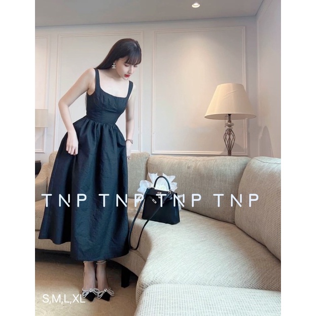 Đầm midi 2 dây cổ U tiểu thư