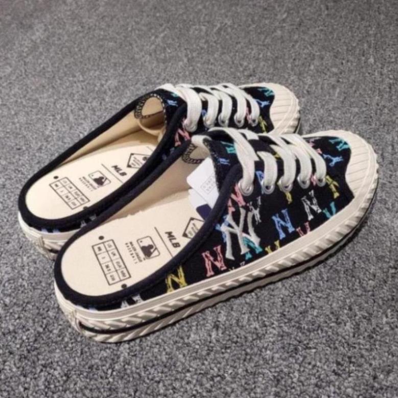 Giày sục nữ MLB ny lười đạp gót Đen họa tiết HOT trend thể thao sneaker