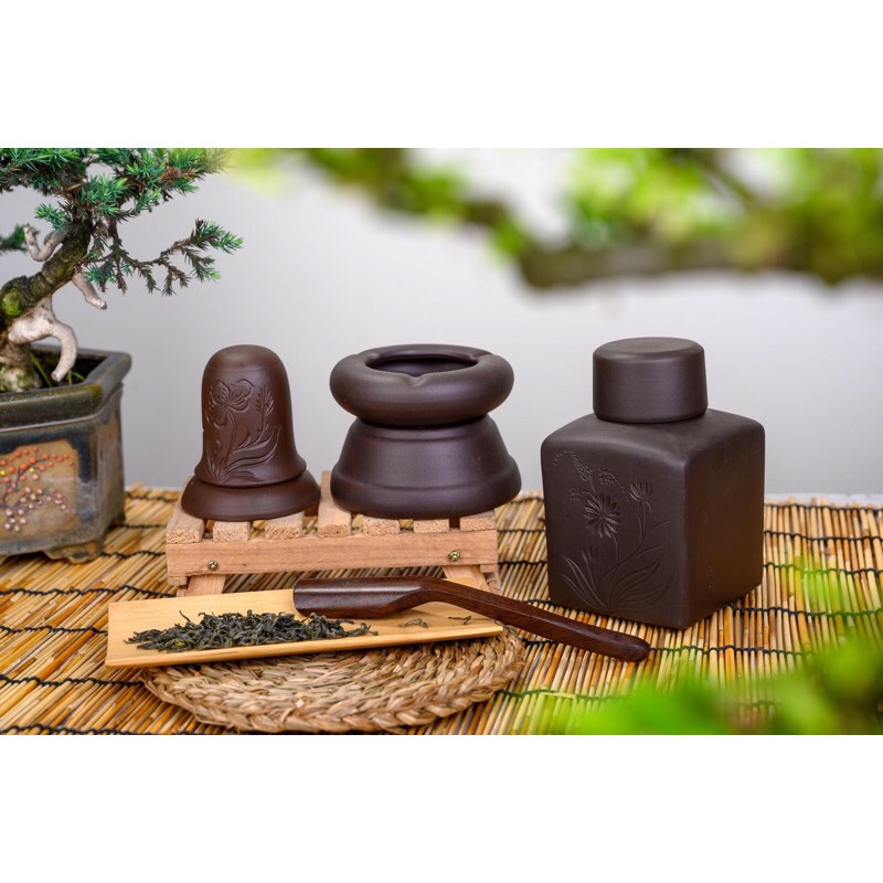 Bộ ấm chén pha uống trà tử sa ấm chân cao tách lót Bát Tràng 300ml