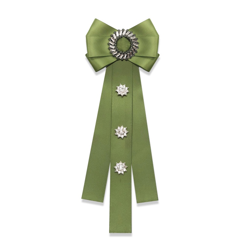 Cà Vạt Nơ Đeo Cổ Màu Xanh Ô Liu Đính Pha Lê Kèm Ghim Cài Áo Cho Nữ