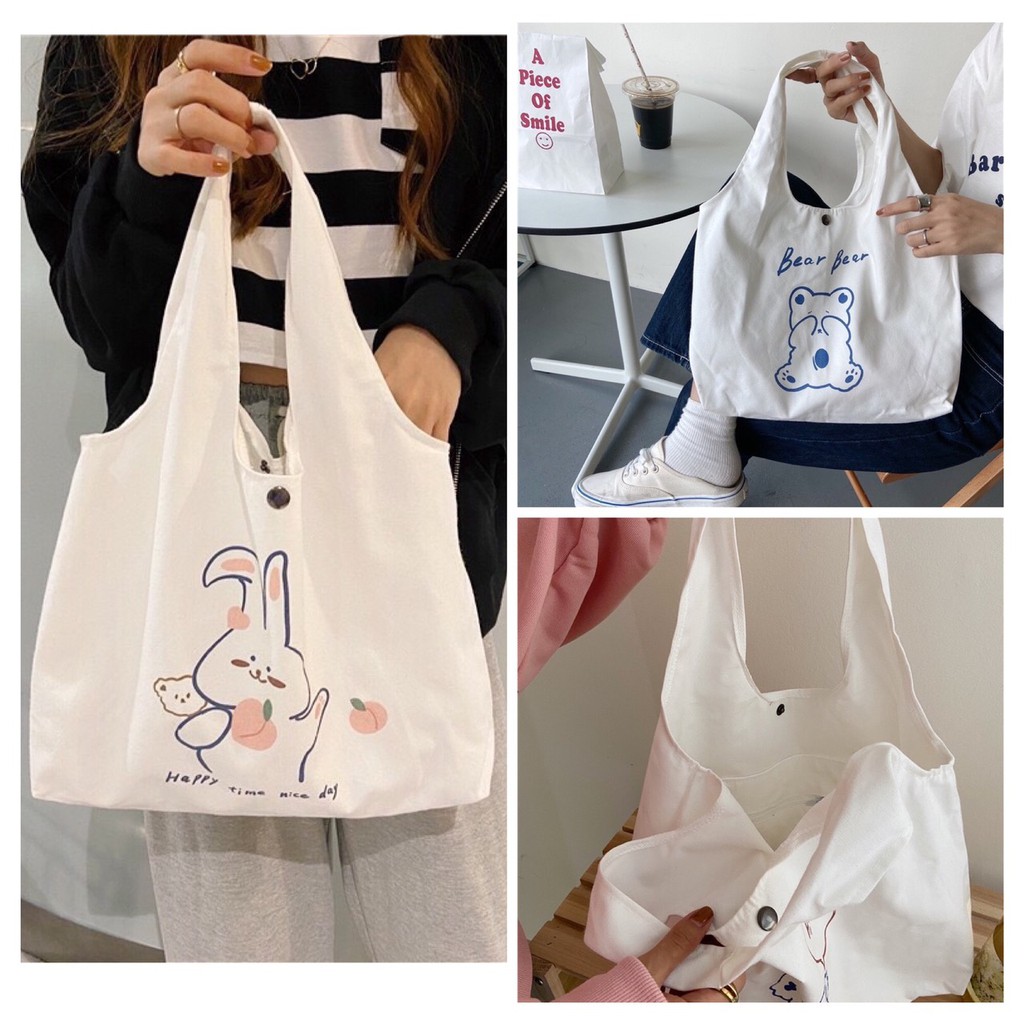 Túi tote Vải canvas mềm in hình dễ thương có ngăn phụ,cúc bấm tiện dụng